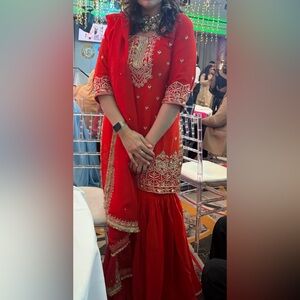 Elegant Red Embroidered handwork sharara with lot of work on it